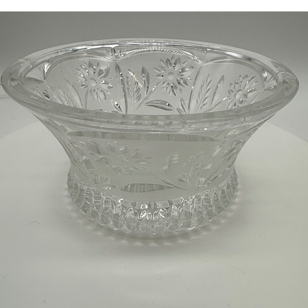 Vintage Frosted Crystal Glass Floral Etched Flared Rim Bowl Clear
